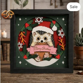 Christmas Hedgehog Shadow Box SVG for Cricut | 3D Layered SVG Paper cut Light Box Template