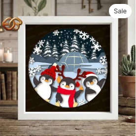 Christmas penguins Shadow Box SVG for Cricut | 3D Layered SVG Paper Cut Light Box Template
