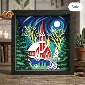 Christmas Church Shadow Box SVG for Cricut | 3D Layered SVG Paper cut Light Box Template 1