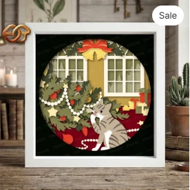 Christmas Cat Shadow Box SVG for Cricut | 3D Layered SVG Paper Cut Light Box Template