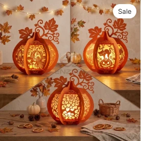 Combo 3 Pumpkin paper Lantern SVG - 3D Fall Season Night Light Template