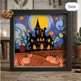 Halloween Starry Night Shadow Box SVG for Cricut | 3D Layered SVG Paper Cut Light Box Template