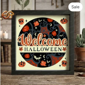 welcome Halloween Shadow Box SVG for Cricut | 3D Layered SVG Paper cut Light Box Template