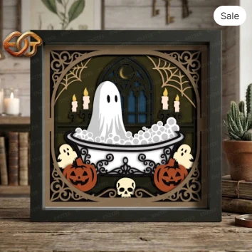Ghost in Bathtub Shadow Box SVG for Cricut | 3D Layered SVG Paper Cut Light Box Template