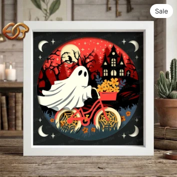 Spooky Bike Ride Shadow Box SVG for Cricut | 3D Layered SVG Paper Cut Light Box Template