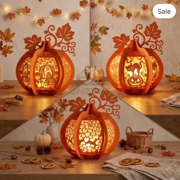 Combo 3 Pumpkin paper Lantern SVG - 3D Fall Season Night Light Template