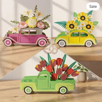 Combo 3 Flower pop-up car SVG - 3D Layered Flower Car Paper Craft Template for Cricut