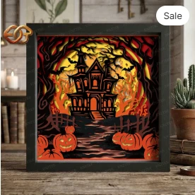 Haunted House Shadow Box SVG for Cricut | 3D Layered SVG Paper cut Light Box Template 1