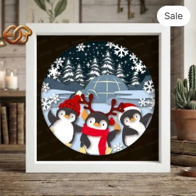 Christmas penguins Shadow Box SVG for Cricut | 3D Layered SVG Paper Cut Light Box Template
