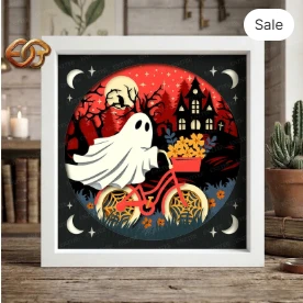 Spooky Bike Ride Shadow Box SVG for Cricut | 3D Layered SVG Paper cut Light Box Template