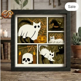 Ghost cats Shadow Box SVG for Cricut | 3D Layered SVG Paper Cut Light Box Template