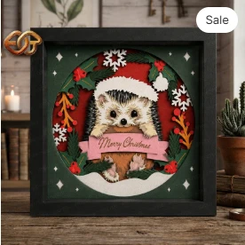 Christmas Hedgehog Shadow Box SVG for Cricut | 3D Layered SVG Paper cut Light Box Template