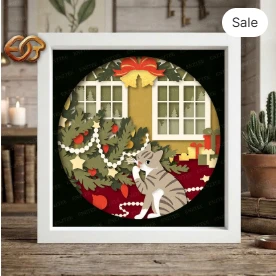 Christmas Cat Shadow Box SVG for Cricut | 3D Layered SVG Paper Cut Light Box Template
