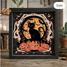 Halloween Cat Shadow Box SVG for Cricut | 3D Layered SVG Paper cut Light Box Template