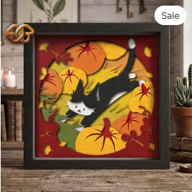 Autumn Cat Shadow Box SVG for Cricut | 3D Layered SVG Paper cut Light Box Template