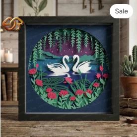 Swans Shadow Box SVG for Cricut | 3D Layered SVG Paper Cut Light Box Template