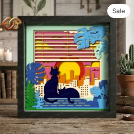 Cat on the balcony Shadow Box SVG for Cricut | 3D Layered SVG Paper Cut Light Box Template