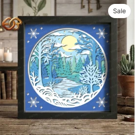 Winter Landscape Shadow Box SVG for Cricut | 3D Layered SVG Paper cut Light Box Template 1