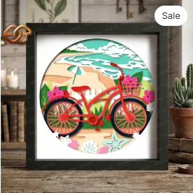 Beach Bicycle Shadow Box SVG for Cricut | 3D Layered SVG Paper cut Light Box Template